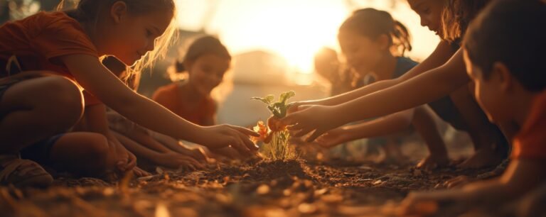 Children plant seedling sunset garden teamwork